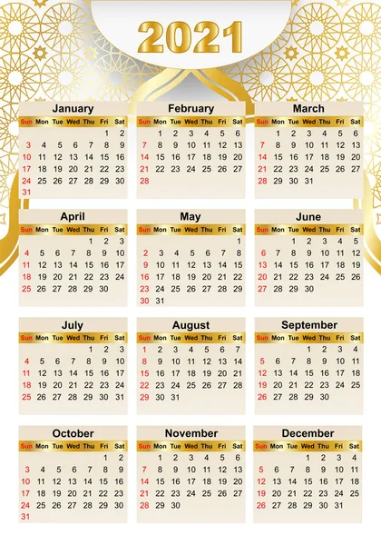 Illustrazione Calendario Tema Dorato Disegnato Sfondo Bianco Isolato Anno 2021 — Foto Stock