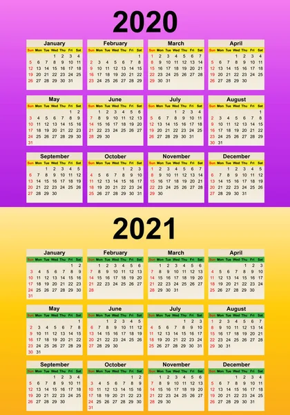 Ilustração Calendário Simples Extremamente Cuidadosamente Concebido Início 2020 2021 — Fotografia de Stock