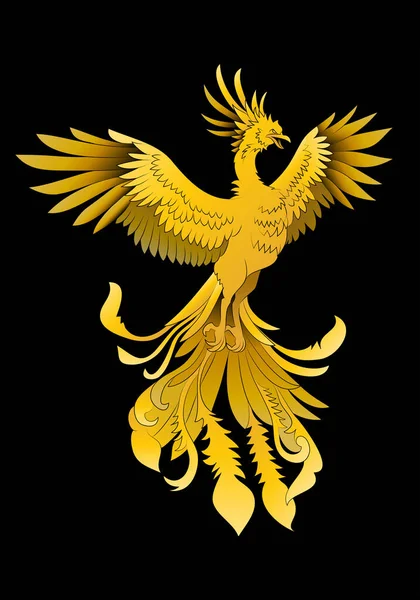 Ilustração Dourado Phoenix Oriental Mística Besta Voando Sobre Preto Fundo — Fotografia de Stock