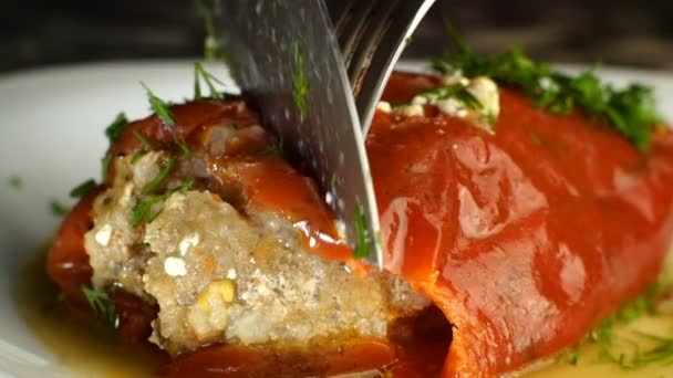 Appetizing stewed bell peppers stuffed with minced rice and pork or beef meat and sprinkled with dill in savoury sauce, are cut into pieces with a knife. Close up. — Stock Video