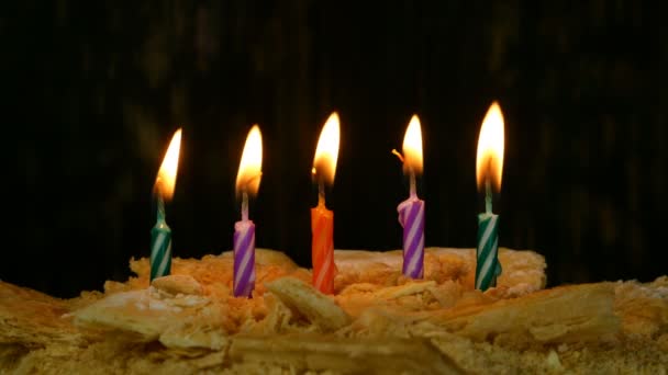 Cinco velas encendidas en el pastel de cumpleaños Napoleón. Las velas arden intensamente y fluctúan de golpe o tiro. De cerca. . — Vídeos de Stock