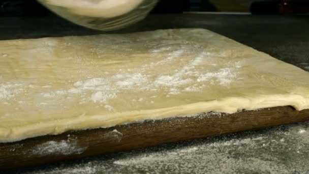 Chef Sprinkles Wheat Flour Dough Sheet Cut Dough Narrow Strips — Stock Video