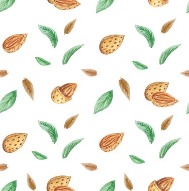 Kusursuz desenli badem ve yapraklar. El çizimi fındık resmi. Badem, duvar kağıdı, tekstil baskısı, beyaz arka planda izole edilmiş fındık deseni.
