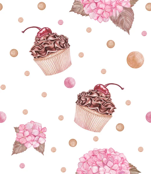 Kézzel Rajzolt Akvarell Zökkenőmentes Minta Csokoládé Cupcake Cseresznye Rózsaszín Hortenzia — Stock Fotó