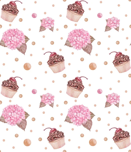 Handgezeichnete Aquarell Nahtlose Muster Mit Schokolade Cupcake Und Rosa Hortensie — Stockfoto
