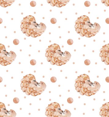 Aslan anne ve yavru kusursuz desen, sevimli hayvanlar dijital kağıt. Suluboya dişi aslan arka planı, çocuk duvar kağıdı, bebek deseni tasarımı, ambalaj, tekstil, kumaş baskısı.