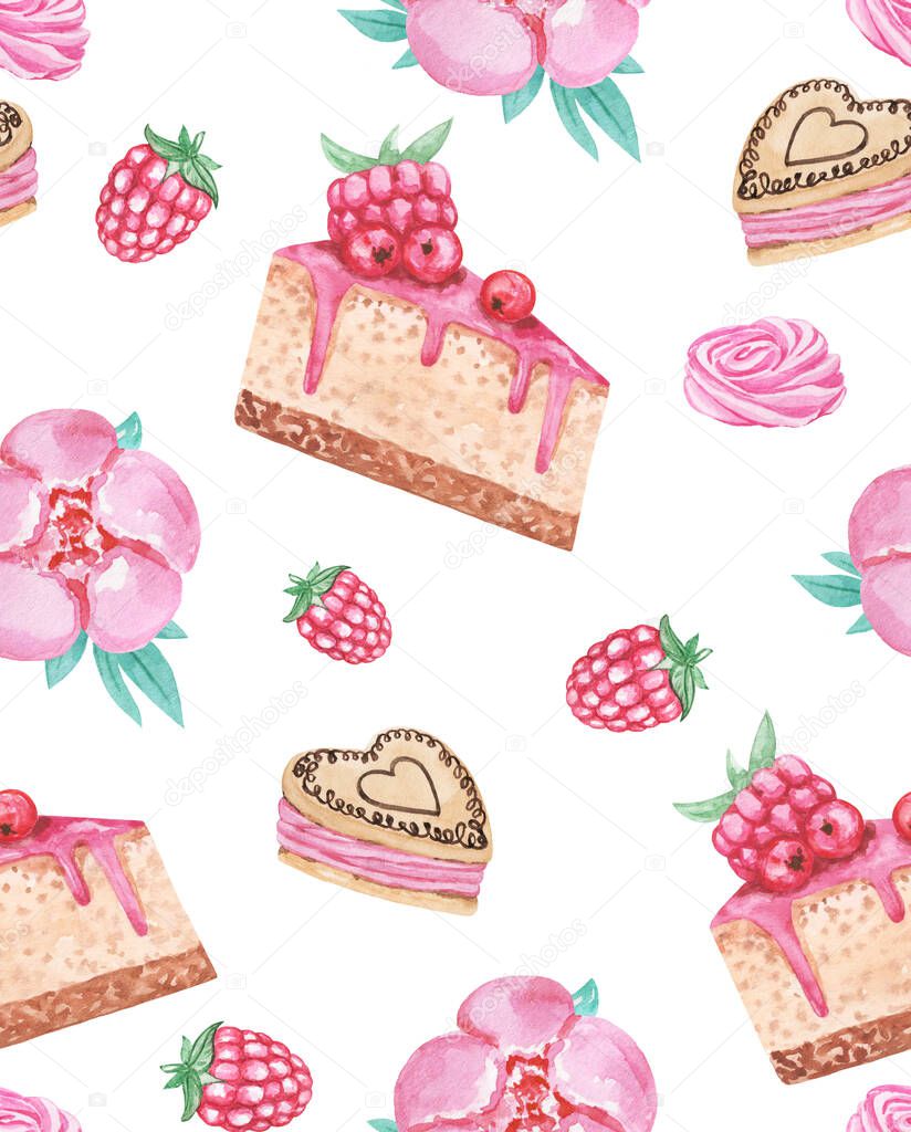 Sweets Seamless pattern, watercolor cakes, peonies, cookies background, Candy seamless wallpaper, desserts pattern, textile