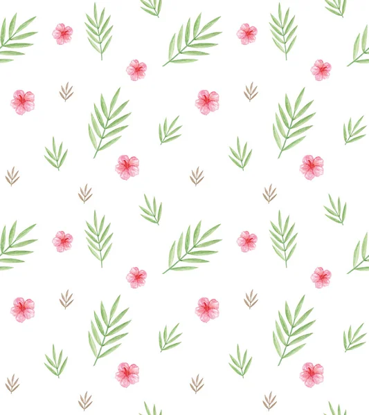 Akvarell Trópusi Zökkenőmentes Minta Pálmaág Rózsaszín Virágok Pluméria Háttér Trópusi — Stock Fotó
