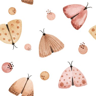 Suluboya kelebek, güveler pürüzsüz desen. Yaz uysal arka plan, model tasarımı. Gece kelebekleri duvar kağıdı, hassas soyut boyanmış baskılar. Tekstil, kumaş baskısı, ambalaj, ambalaj