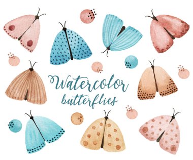 Suluboya Kelebekler Clipart - stok çizimi. Soyut benekli yumuşak güve seti. Beyaz arka planda el boyaması güve resimleri, düğün süsleri, yaz böcek seti.