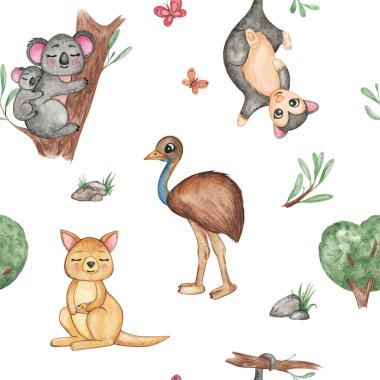 Avustralyalı hayvanların kusursuz desenleri var. Koala, Kanguru, Opossum, Emu Devekuşu, Vahşi hayvanlar suluboya arka plan, çocuklar, çocuk odası duvar kağıdı, Orman hayvanları arka plan, tekstil tasarımı, kumaş baskısı