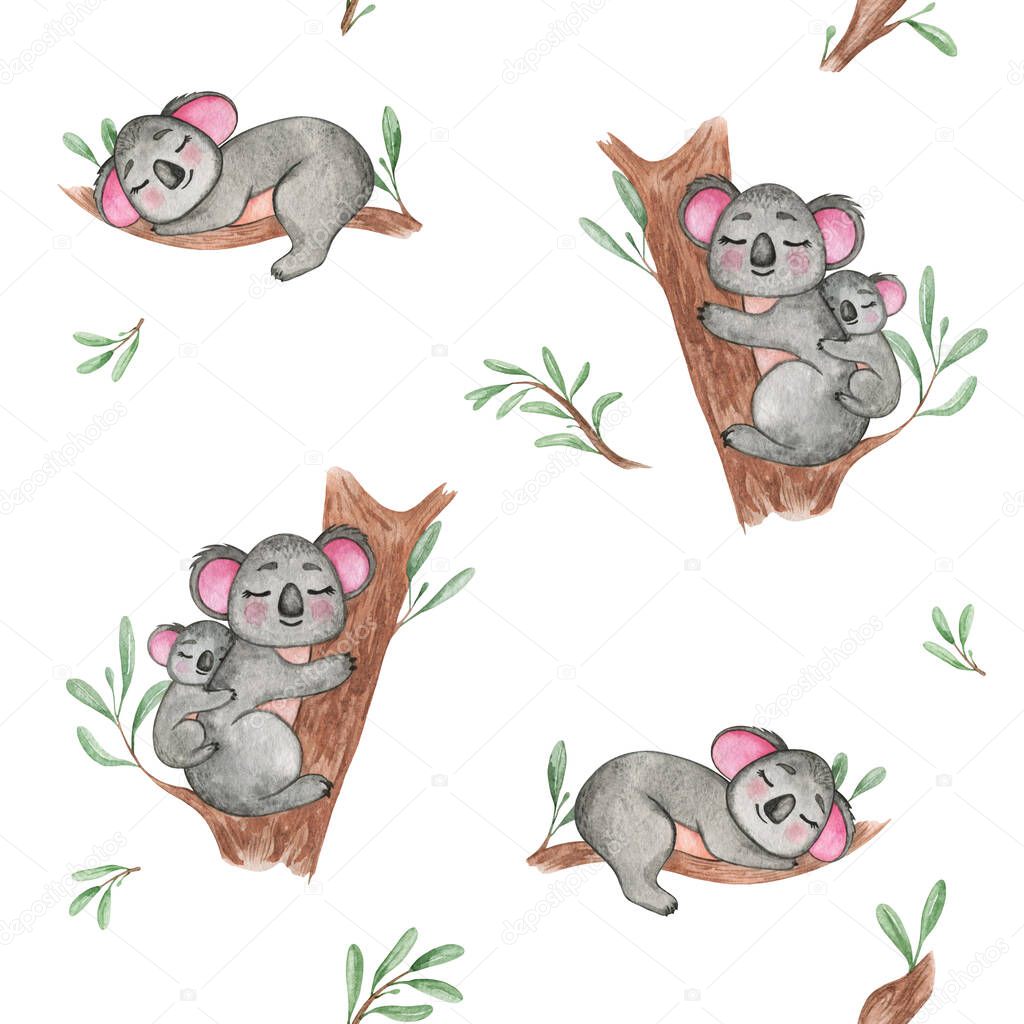 Cute Koala seamless pattern watercolor. Australian animals repeating background, Cute baby animals pattern, koala with cub on tree, baby wallpaper. Wild animals background, scrapbook paper, wrapping. Textile design, baby pattern