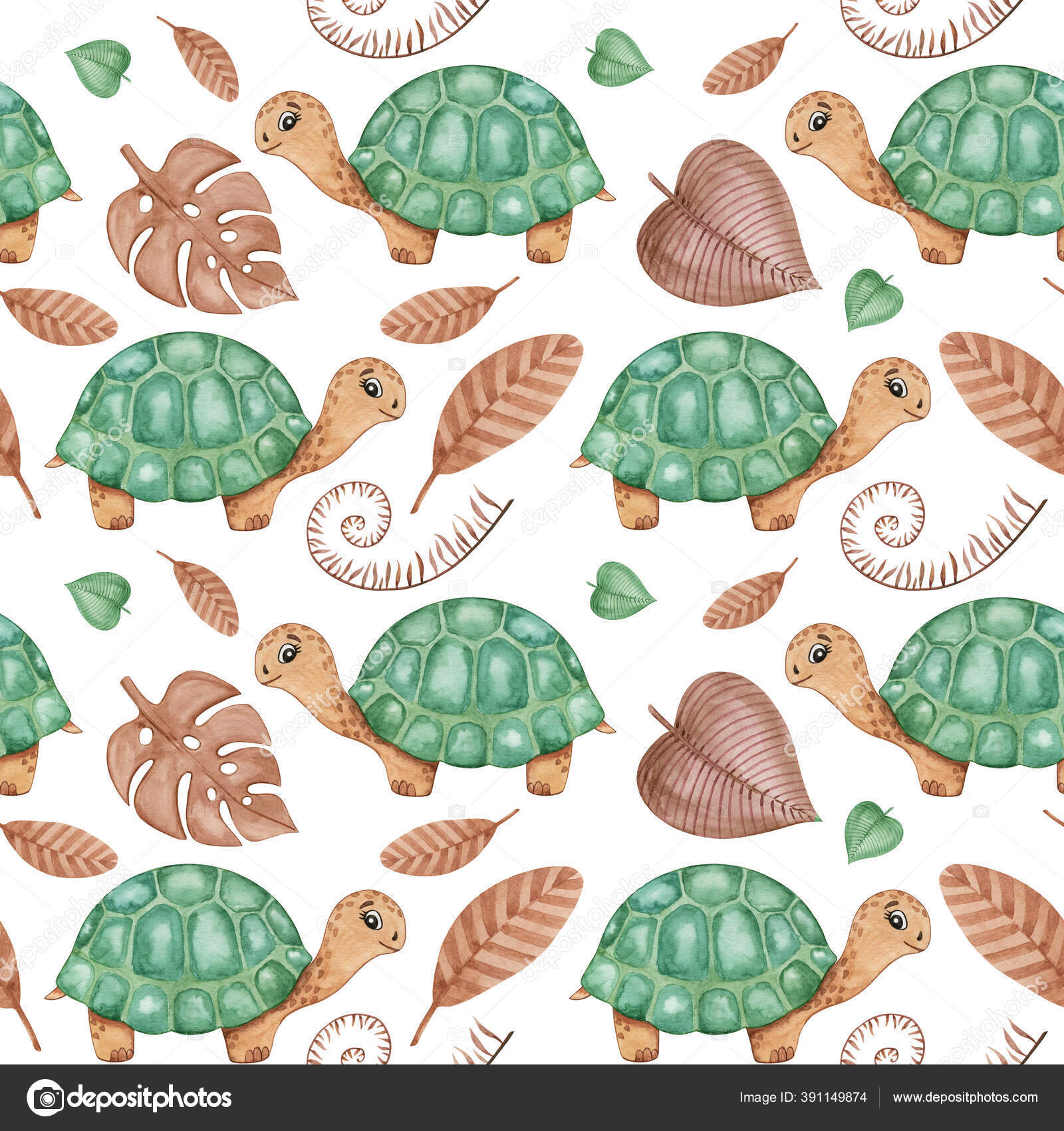 Vannfarger Sømløse Mønstre Grønne Skilpadder Tropiske Planter Lille Turtle  Repeterende – stockillustrasjon © NastyaMoon #391149874, image size:1600x1700