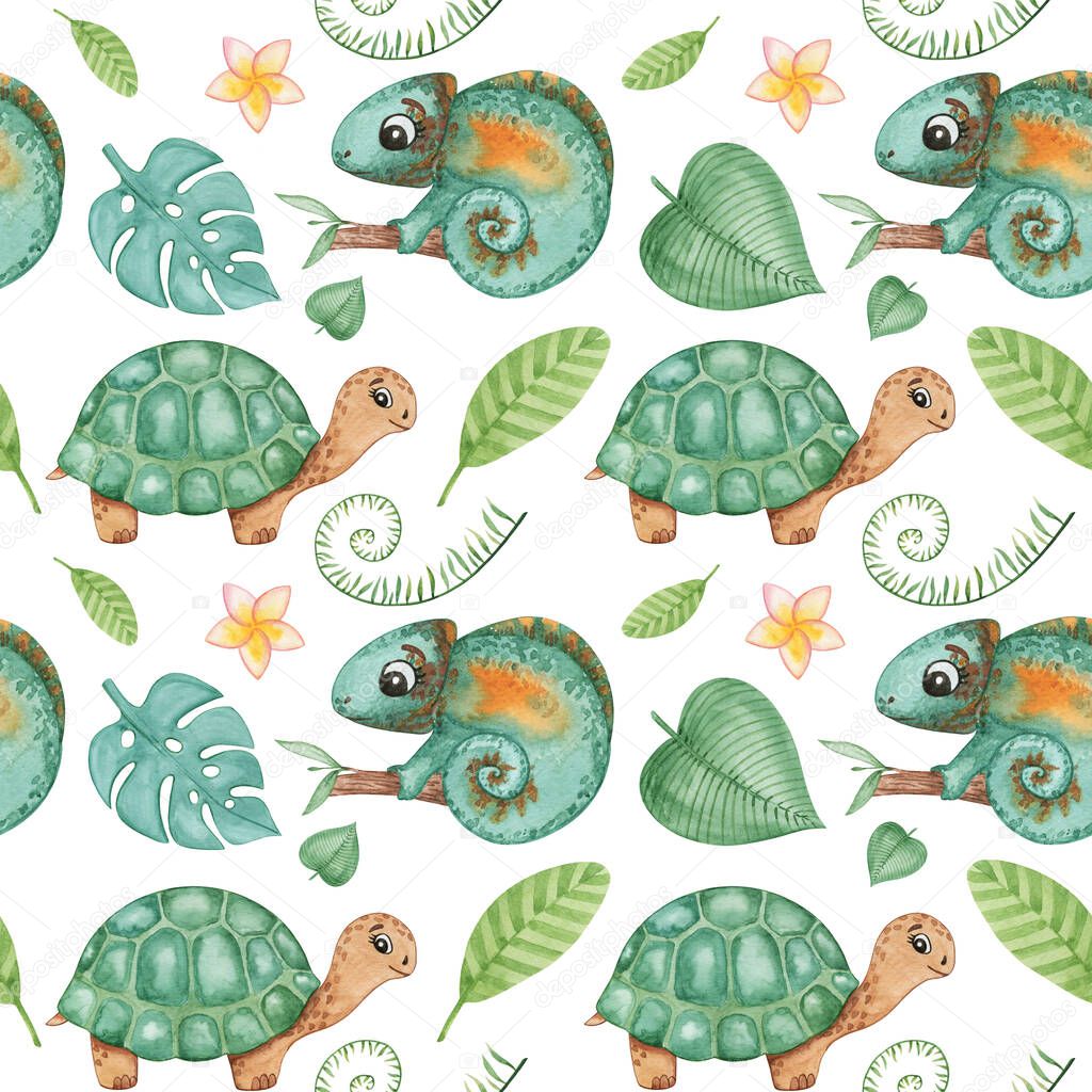 Watercolor seamless pattern of chameleon, turtle, tropical plants. Jungle cute reptiles background, baby textile pattern, fabric print, kids wallpaper, nursery
