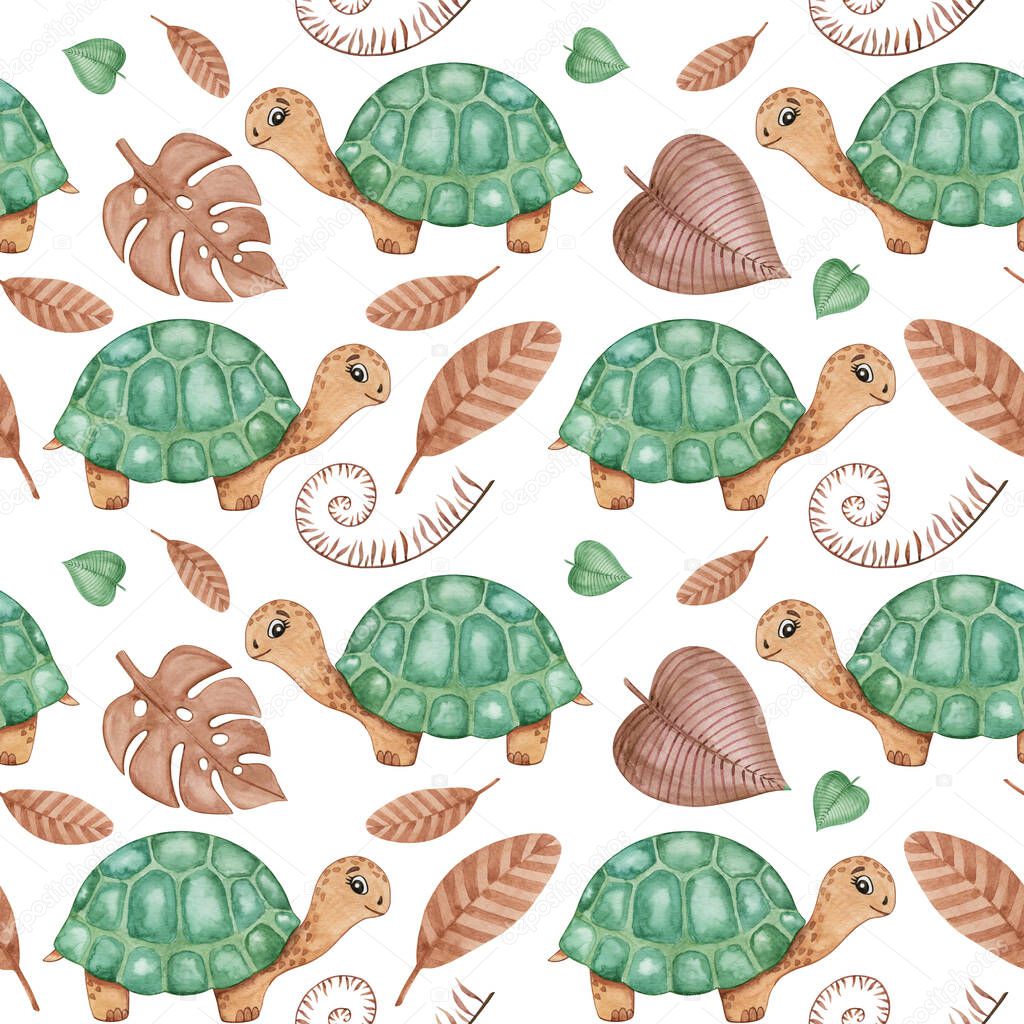 Watercolor seamless pattern of green turtle and tropical plants. Little Turtle repeating background, tropical pattern, kids wallpaper, nursery. Baby textile pattern, fabric print, decor