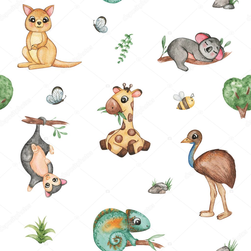 Watercolor animals seamless pattern, Jungle, Safari repeating background. Kangaroo, giraffe, emu ostrich, possum, koala, chameleon, tropical plants. Textile pattern design, ornament. Australian friends background, tropical nursery wallpaper