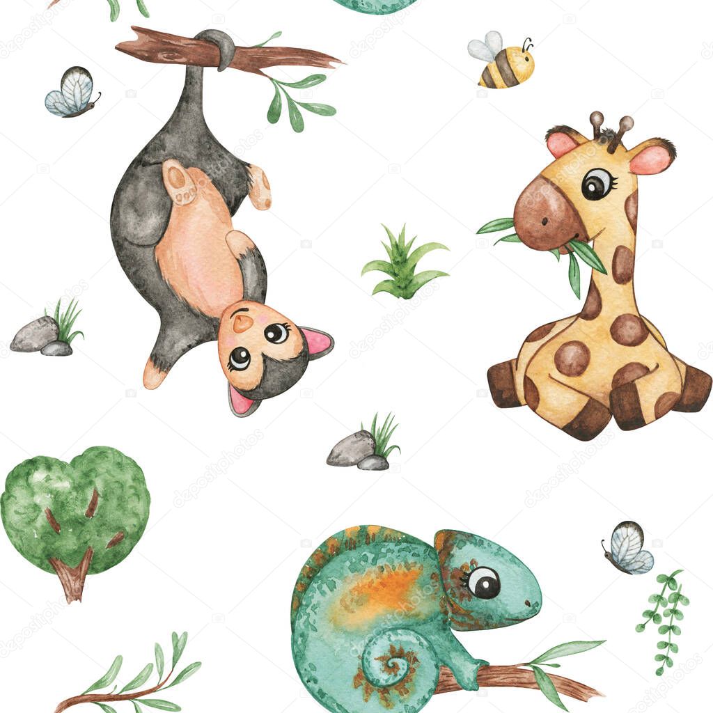 Watercolor animals seamless pattern, Giraffe, chameleon, possum, tropical repeating backgrouns. Textile pattern design, fabric print on white background. Australian friends scrapbook paper, little animals in nature