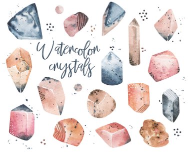 Watercolor Crystals Clipart, cosmic abstract minerals, multicolored stones collection. Hand painted stock illustration on white background clipart
