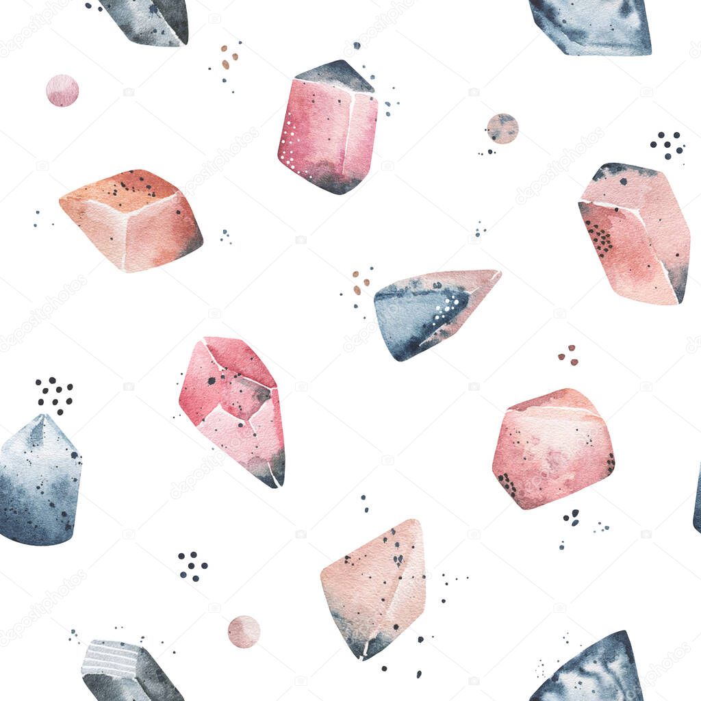 Watercolor Crystals Clipart, cosmic abstract minerals, multicolored stones collection. Hand painted stock illustration on white background