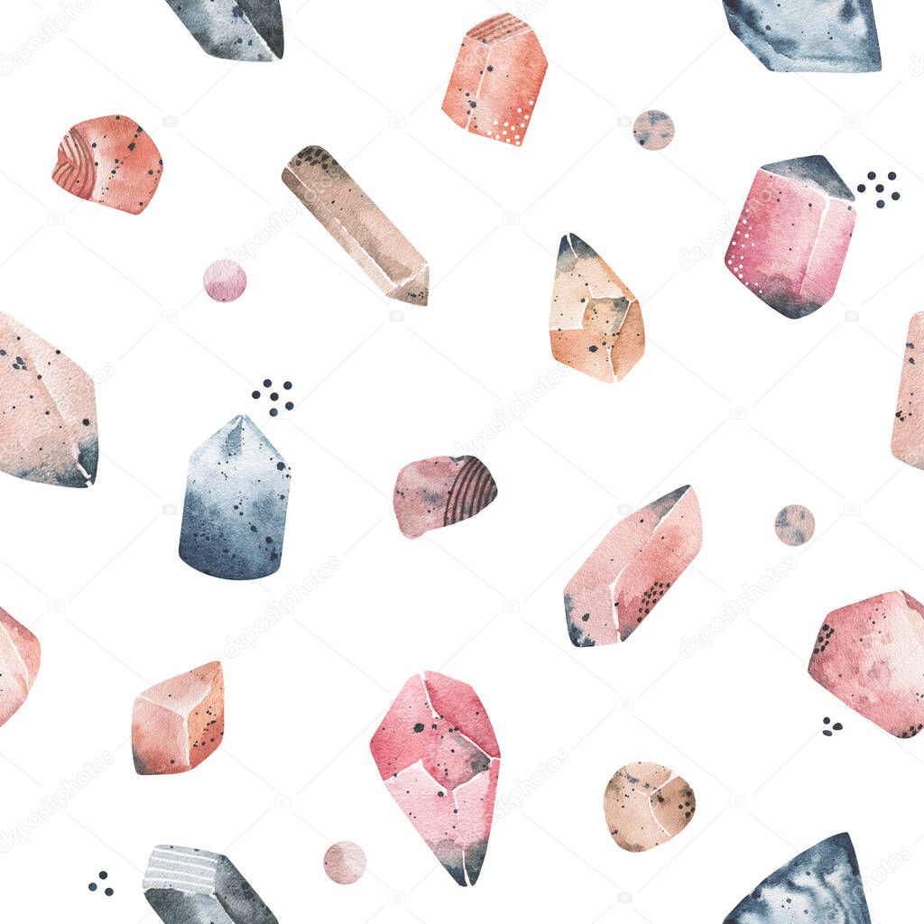 Watercolor Crystals Clipart, Cosmic Abstract Minerals, multicolored stones collection. Hand painted stock illustration on white background, Gentle crystals wallpaper