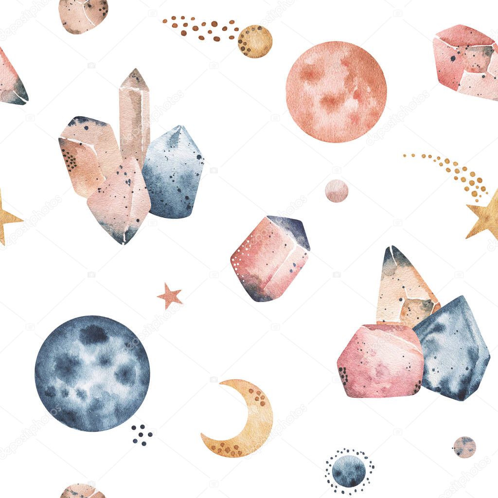 Watercolor Crystals Clipart, cosmic abstract minerals, multicolored stones collection. Hand painted stock illustration on white background, space wallpaper