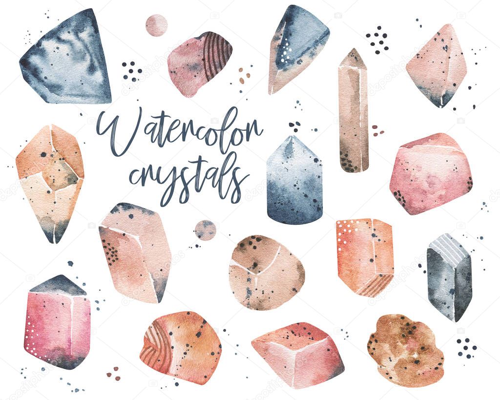 Watercolor Crystals Clipart, cosmic abstract minerals, multicolored stones collection. Hand painted stock illustration on white background