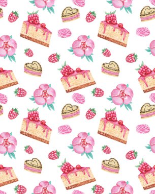 Pastalar, şakayıklar, kurabiyeler, Zephir ve ahududulu suluboya desenli. Beyaz arka planda güzel pişmiş şeker örnekleri var. Duvar kağıdı, tekstil, dekor baskısı