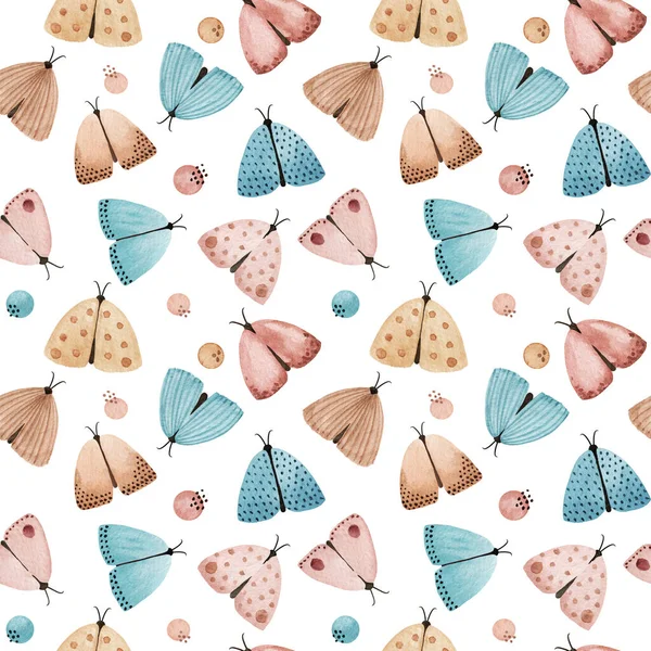 Aquarel Vliegende Motten Zacht Naadloos Patroon Voorraadillustratie Abstracte Plekken Prachtige — Stockfoto