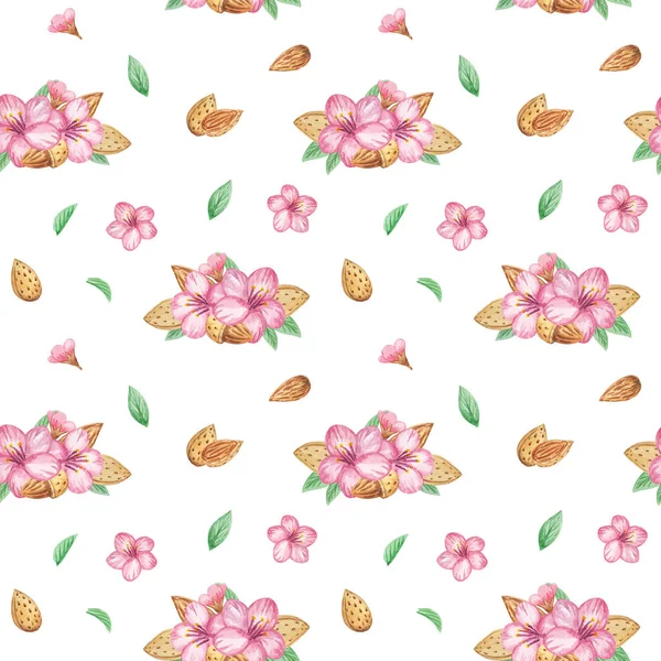 Αδιάβροχα Αμύγδαλα Και Ροζ Λουλούδια Χειροποίητη Ακουαρέλα Εικονογράφηση Των Nuts — Φωτογραφία Αρχείου
