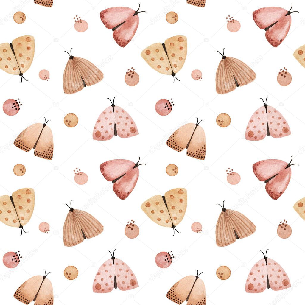 Watercolor flying moths gentle seamless pattern. Hand painted Night moths, Abstarct spots. Beautiful tender watercolor print. Textile, fabric print, decor paper