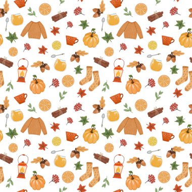 Samimi sonbahar pürüzsüz desen, güzel ev yapımı elementler. Beyaz arkaplanda sonbahar ruh hali duvar kâğıdı