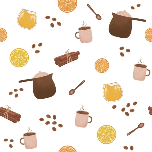 Coffee Autumn Seamless Pattern Citrus Cozy Breakfast Hand Drawn Print — Stock Photo, Image