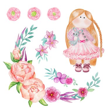 Sevimli dikişli bebek ve çiçekler kesiliyor. Suluboya çiçek çelengi seti, el çizimi, beyaz arka planda izole edilmiş stok çizimi