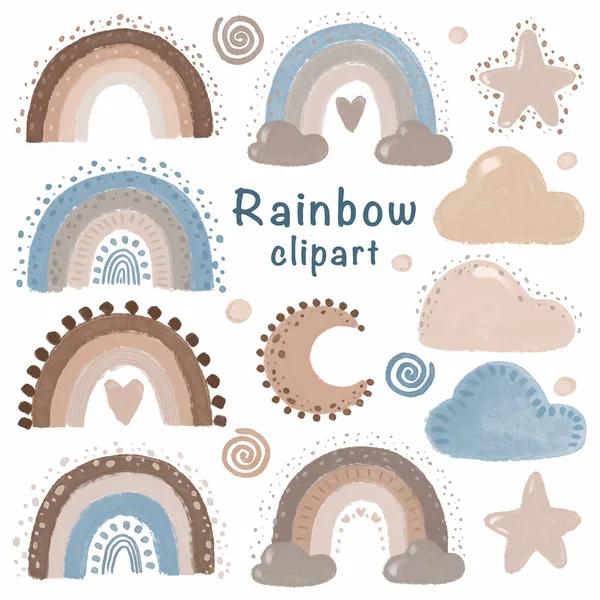 Pastel Regenbogen Wolken Clipart Aquarel Regenbogen Set Sterren Maan Set — Stockfoto