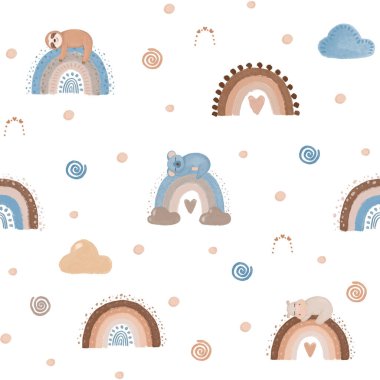 Sevimli hayvanlar ve pastel gökkuşağı, kusursuz desen. Havalı gökkuşağı arka plan, uyuyan koala, su aygırı ve tembel hayvan, bebek deseni, beyaz arka planda el çizimi tekstil deseni, bebek dekorasyonu, şirin hayvan deseni