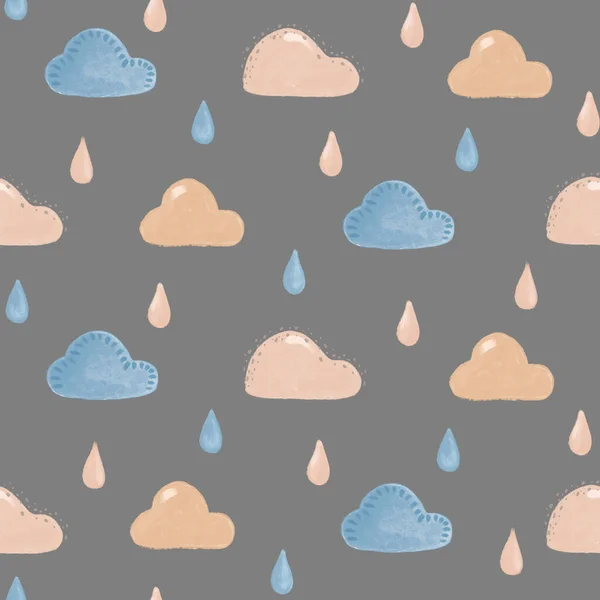 Gentle clouds and rain drops seamless pattern, Cute baby pattern, boy wallpaper, hand drawn kids print, pastel textile pattern, Hand drawn print on white background