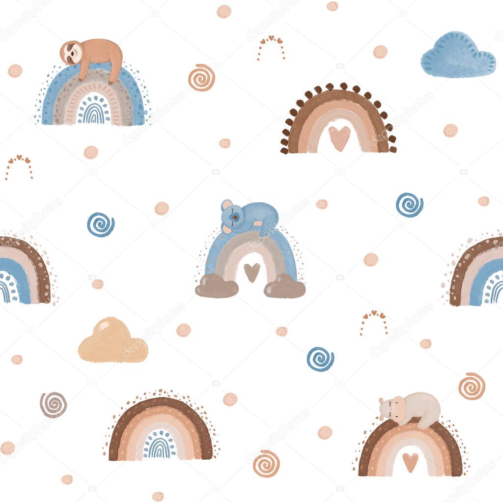 Cute animals and pastel rainbow, seamless pattern. Stylish rainbows background, Sleeping koala, hippo and sloth, baby pattern, hand drawn textile pattern on white background, nursery decoration, cute animals pattern