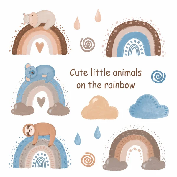 Clipart Arco Íris Pastel Clipart Animais Adormecidos Pequenos Animais Isolados — Fotografia de Stock