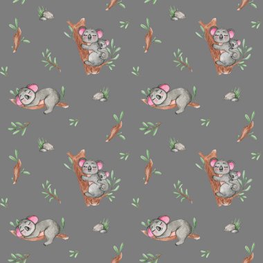 Suluboya koalalar kusursuz desen. Avustralya, ağaçta koala, dallar, bebek partisi. Beyaz arka planda orman hayvanları. Bebek Tekstil deseni