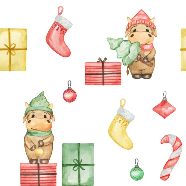 Christmas Bulls Seamless Pattern Hand Drawn Watercolor Christmas Background Cute — Stock Photo, Image