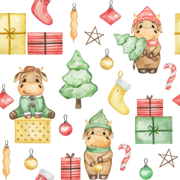 Christmas Bulls Seamless Pattern Hand Drawn Watercolor Christmas Background Cute — Stock Photo, Image