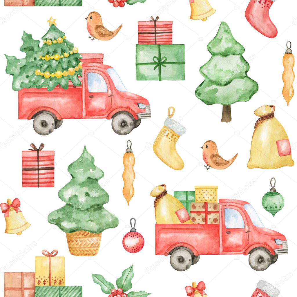 Watercolor New Year 2021 seamless pattern, Merry Christmas background, hand painted christmas pattern, winter textile pattern design, christmas truck, spruce tree, gift, xmas pattern design