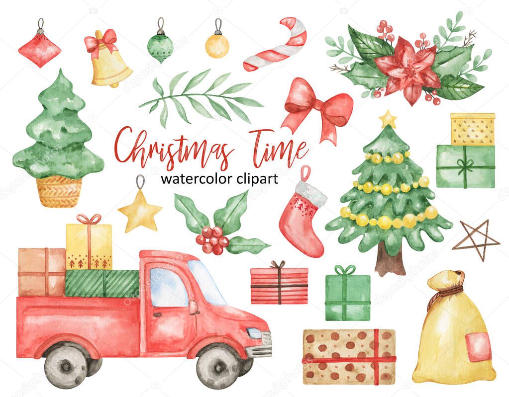 Watercolor New Year 2021 clipart, Christmas objects set isolated, Christmas car, xmas tree, gifts, bells clipart, winter holidays clipart 