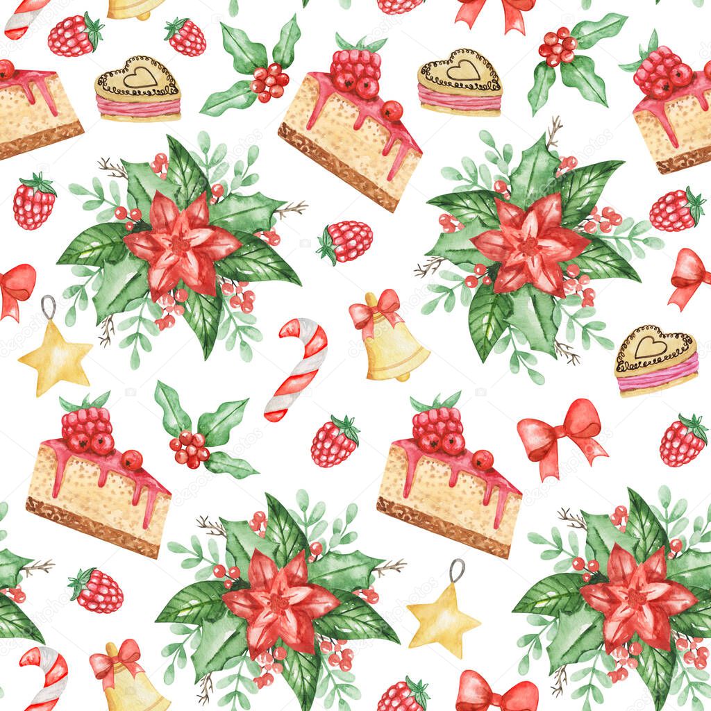 Watercolor Poinsettia seamless pattern, hand drawn christmas background, Candy winter background, Sweet christmas pattern, Watercolor New Year ornament, textile pattern design