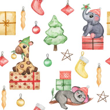 Suluboya Yeni Yıl hayvanları kusursuz desenli, şapkalı şirin hayvanlar, el çizimi Noel duvar kağıtları, yeni yıl bebek kalıpları, duvar kağıtları, Noel şapkalı vahşi hayvanlar, tekstil tasarımı, bebek baskısı, noel tasarımı