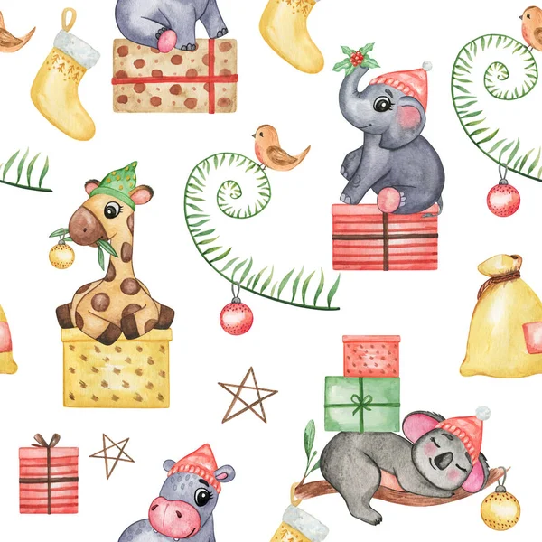Рождественские Милые Животные Шляпе Бесшовный Узор Нарисованные Вручную Рождественские Обои — стоковое фото