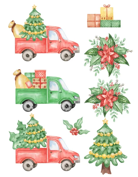 Watercolor Natal Retro Caminhões Clipart Ilustração Desenhada Mão Isolado Conjunto — Fotografia de Stock