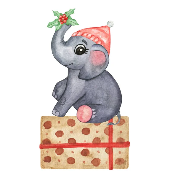 Acquerello Disegnato Mano Elefante Illustrazione Natale Elefante Isolato Capodanno Simpatici — Foto Stock