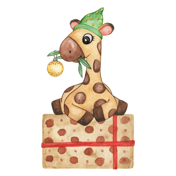 Aquarelle Illustration Girafe Dessinée Main Girafe Noël Isolée Animaux Mignons — Photo