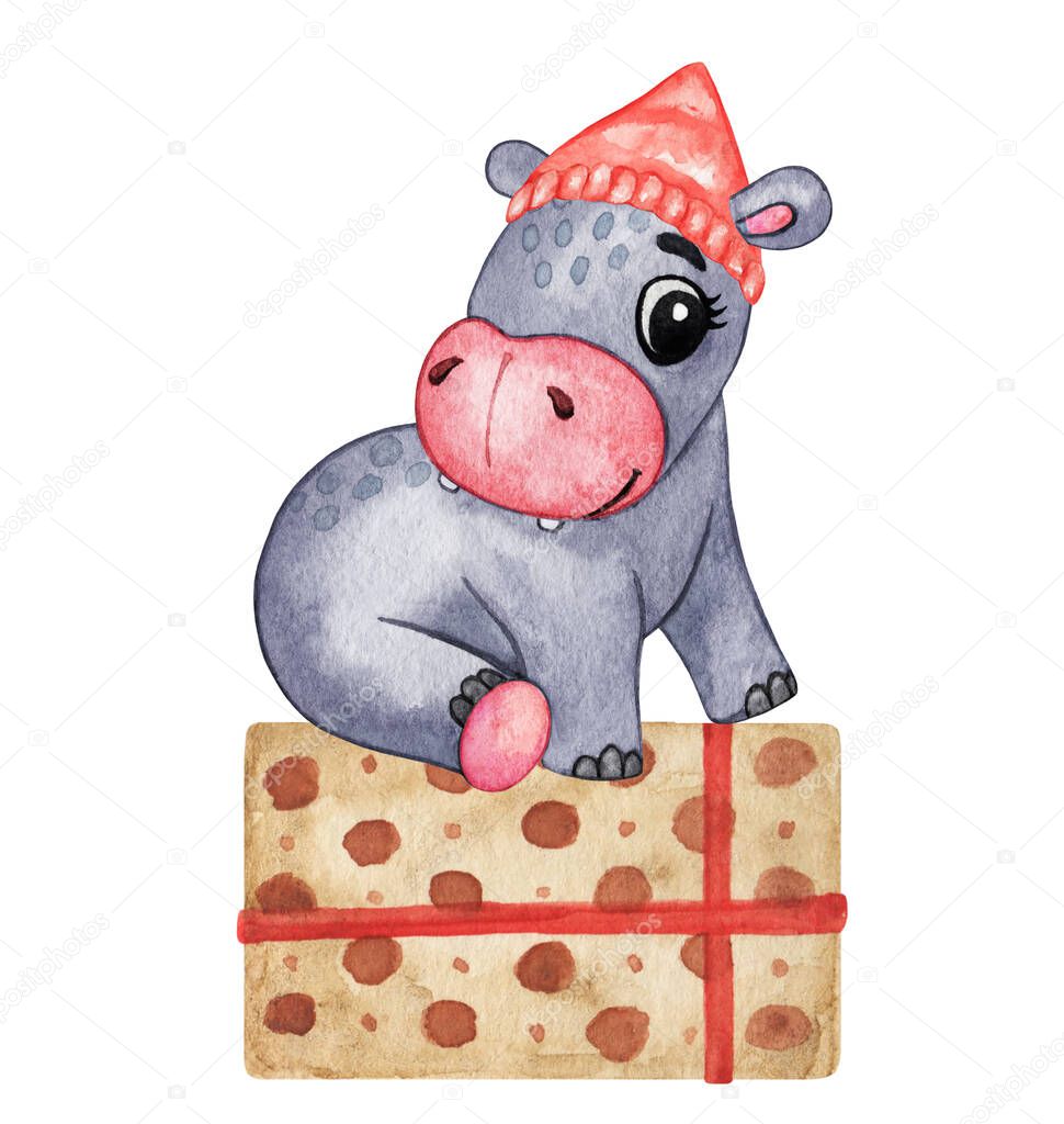 Watercolor Hand drawn hippopotamus illustration, Christmas hippopotamus isolated, new year cute animals in Christmas hat, watercolor Xmas baby set